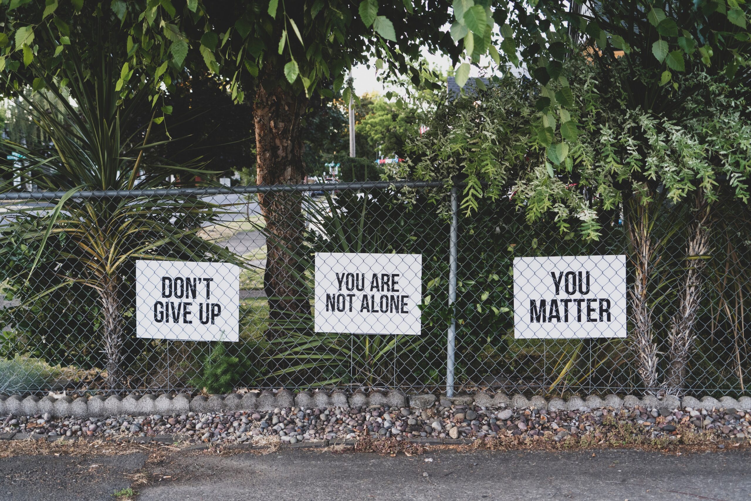 4 posters on a fence speaking about mental health